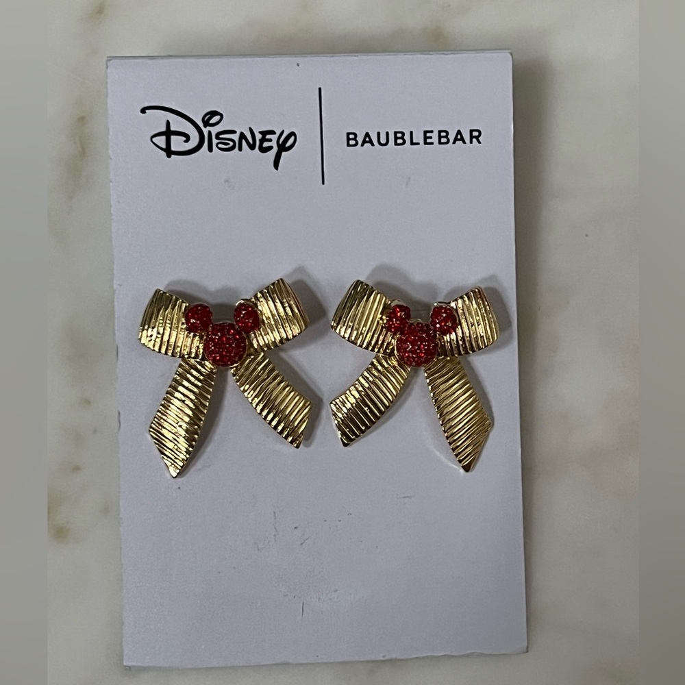 Disney BaubleBar Gold Bow with Mickey Mouse Rhinestone Silhouette Earrings
